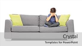  Presentation with sad lonely student sitting - Presentation design featuring a sofa and crying background and a light gray colored foreground