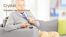  Presentation with glucometer - Beautiful slide deck featuring close up of happy young man typing message on smartphone backdrop and a violet colored foreground.