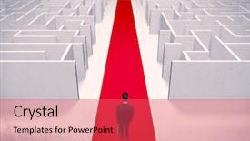  Presentation with red carpet - Colorful PPT theme enhanced with adult elegant businessman standing on a red carpet arrow pointing ahead through a street with maze on two sides concept backdrop and a red colored foreground