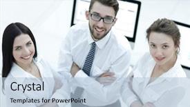  Presentation with team work - PPT layouts consisting of a successful business team background and a light blue colored foreground