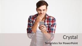  Presentation with phone - PPT theme having man looking at mobile phone background and a light gray colored foreground