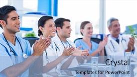  Presentation with medical robot hand and doctor - Colorful presentation design enhanced with a table in medical backdrop and a light blue colored foreground