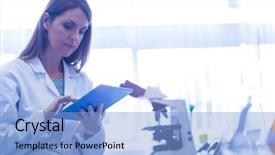  Presentation with chemistry tablet - Slides having a tablet in laboratory background and a light blue colored foreground