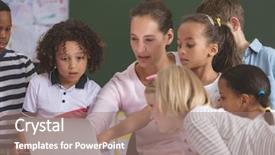  Presentation with school-kids - Theme featuring a teacher and school background and a coral colored foreground