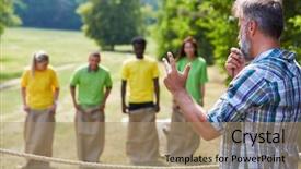  Presentation with building team - Cool new PPT theme with a team building event backdrop and a coral colored foreground