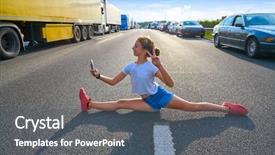  Presentation with traffic jam - Colorful slide set enhanced with split legs girl selfie photo backdrop and a ocean colored foreground