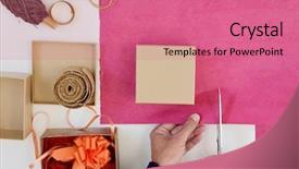  Presentation with strings - Beautiful slide deck featuring a white table next backdrop and a coral colored foreground