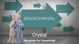  Presentation with arrows - Slide set featuring word brainstorming and serious businessman standing back to back with a woman against blue arrows pointing background and a gray colored foreground