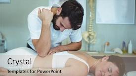  Presentation with physiotherapist - Amazing PPT theme having a woman in clinic backdrop and a mint green colored foreground