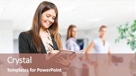  Presentation with writing notes - Audience pleasing slide deck consisting of a woman writing notes backdrop and a coral colored foreground