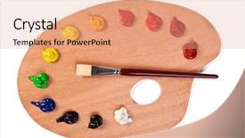  Presentation with paint brush - Amazing slide deck having a wooden artists palette backdrop and a coral colored foreground