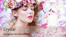  Presentation with flower woman - PPT theme with a wreath of flower background and a coral colored foreground