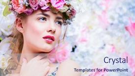  Presentation with flower woman - Colorful slide deck enhanced with a wreath of flower backdrop and a sky blue colored foreground