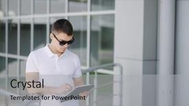  Presentation with people street - Presentation theme having a young businessman seeing background and a  colored foreground