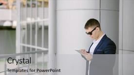  Presentation with people street - Colorful PPT theme enhanced with a young businessman seeing backdrop and a  colored foreground