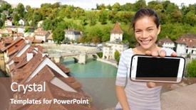  Presentation with travel app - PPT layouts enhanced with aareness - woman showing smart phone screen background and a coral colored foreground