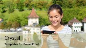  Presentation with travel app - Slides enhanced with aareness - woman using smart phone app background and a mint green colored foreground