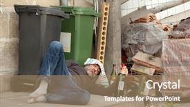  Presentation with bottles - PPT layouts enhanced with abandoned city - poor and drunk man lying background and a coral colored foreground