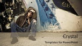  Presentation with urban - Audience pleasing PPT theme consisting of abandoned city - worried young male on urban backdrop and a coral colored foreground