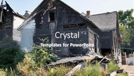  Presentation with building fire - Slide deck having abandoned-fire-damaged-house background and a tawny brown colored foreground