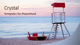  Presentation with lifeguard - Slide deck having abandoned lifeguard tower and boat background and a cream colored foreground
