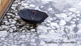  Presentation with lake ice - Colorful theme enhanced with abandoned umbrella on an ice of city river or lake backdrop and a light blue colored foreground