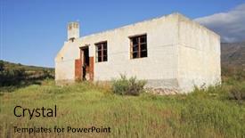  Presentation with dark blue gray - PPT theme having abandonned building - old abandoned rural cottage background and a  colored foreground