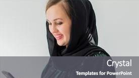  Presentation with talking on phone - Cool new PPT theme with abaya - happy muslim woman talking backdrop and a  colored foreground