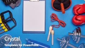  Presentation with sport blue - Beautiful slides featuring abblue - sport accessories boxing gloves dumbbells backdrop and a teal colored foreground