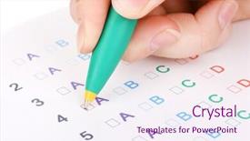  Presentation with questions - Slide deck with abcd - responding to test questions close-up background and a  colored foreground