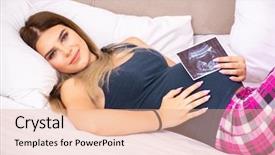  Presentation with pregnant woman in hospital - Slide deck enhanced with abdomen x ray - happy young pregnant woman background and a  colored foreground