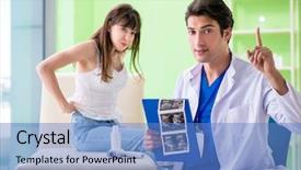  Presentation with ultrasound - Slide deck featuring abdomen x ray - pregnant woman visiting radiologyst background and a teal colored foreground