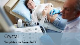  Presentation with ultrasound - Slide deck featuring abdominal exam - pregnant woman looking at screen background and a light blue colored foreground
