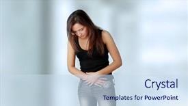  Presentation with stomach - Slide deck having morning sickness - young woman with stomach issues background and a sky blue colored foreground