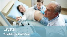  Presentation with ultrasound machine - Amazing presentation design having abdominal treatment - aged doctor looking at monitor backdrop and a light blue colored foreground