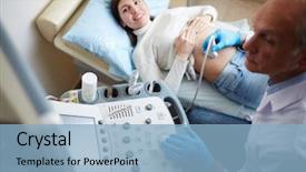  Presentation with anatomy abdomen - Presentation design featuring abdominal treatment - mature doctor scanning abdomen background and a light blue colored foreground