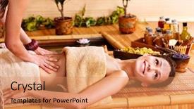  Presentation with bamboo - PPT theme with abdominal treatment - young woman getting massage background and a coral colored foreground
