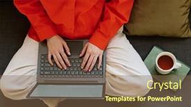  Presentation with home office - Presentation design with above-angle-of-hands background and a tawny brown colored foreground