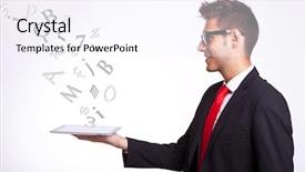  Presentation with young business man - PPT theme with above it at some symbol background and a sky blue colored foreground