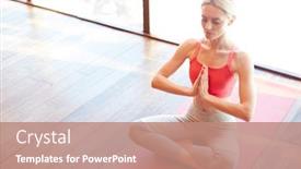  Presentation with light pink - PPT theme consisting of above shot of young slim woman sitting on pink mat and meditating with hands together in bright light background and a coral colored foreground
