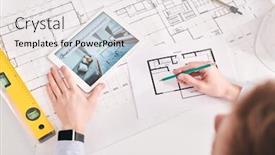  Presentation with using digital tablet - Beautiful presentation design featuring above-view-of-architect-using backdrop and a sky blue colored foreground