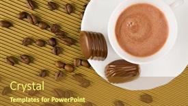  Presentation with praline - Slides enhanced with above view of cup of coffee with praline and grains near background and a tawny brown colored foreground