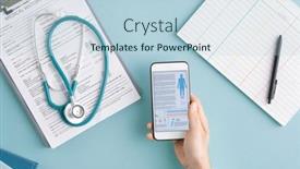  Presentation with medical clipboard - Colorful presentation design enhanced with above-view-of-hands backdrop and a light blue colored foreground