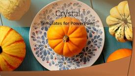  Presentation with blue orange - Slide set featuring above view of orange ripe pumpkin placed on plate with other pumpkins around on blue wooden background background and a coral colored foreground