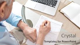  Presentation with instruction - PPT theme enhanced with above-view-of-senior-man background and a coral colored foreground