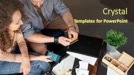  Presentation with banking app - Cool new presentation theme with above-view-of-two-young backdrop and a tawny brown colored foreground