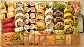  Presentation with japanese food - Colorful PPT theme enhanced with above-view-of-various-sushi backdrop and a gold colored foreground