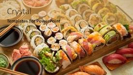  Presentation with japanese food - PPT theme featuring above-view-of-various-sushi background and a yellow colored foreground