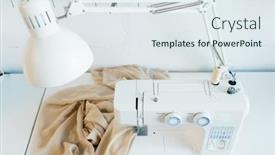  Presentation with sewing machine - Beautiful PPT theme featuring above-view-of-workplace backdrop and a sky blue colored foreground