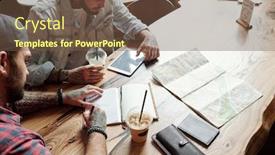  Presentation with travel cafe - PPT theme featuring above-view-of-young-men background and a tawny brown colored foreground
